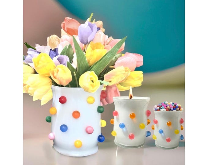 Colorful Dots Handcrafted Bud Vase, Candle and Matches Gift Set A Whimsical Rainbow-Inspired Design