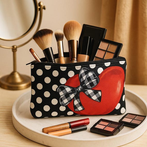 Handcrafted Polka Dot Cosmetic Bag: Travel Makeup Organizer With