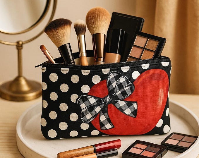 Handcrafted Polka Dot Cosmetic Bag: Travel Makeup Organizer with Buffalo Plaid Bow