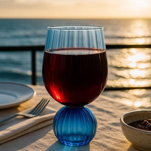 May include: A wine glass filled with red wine, resting on a blue spherical base. The glass is on a table set for dining, with a fork, plate, and small bowl visible. The background features a sunset over the ocean.