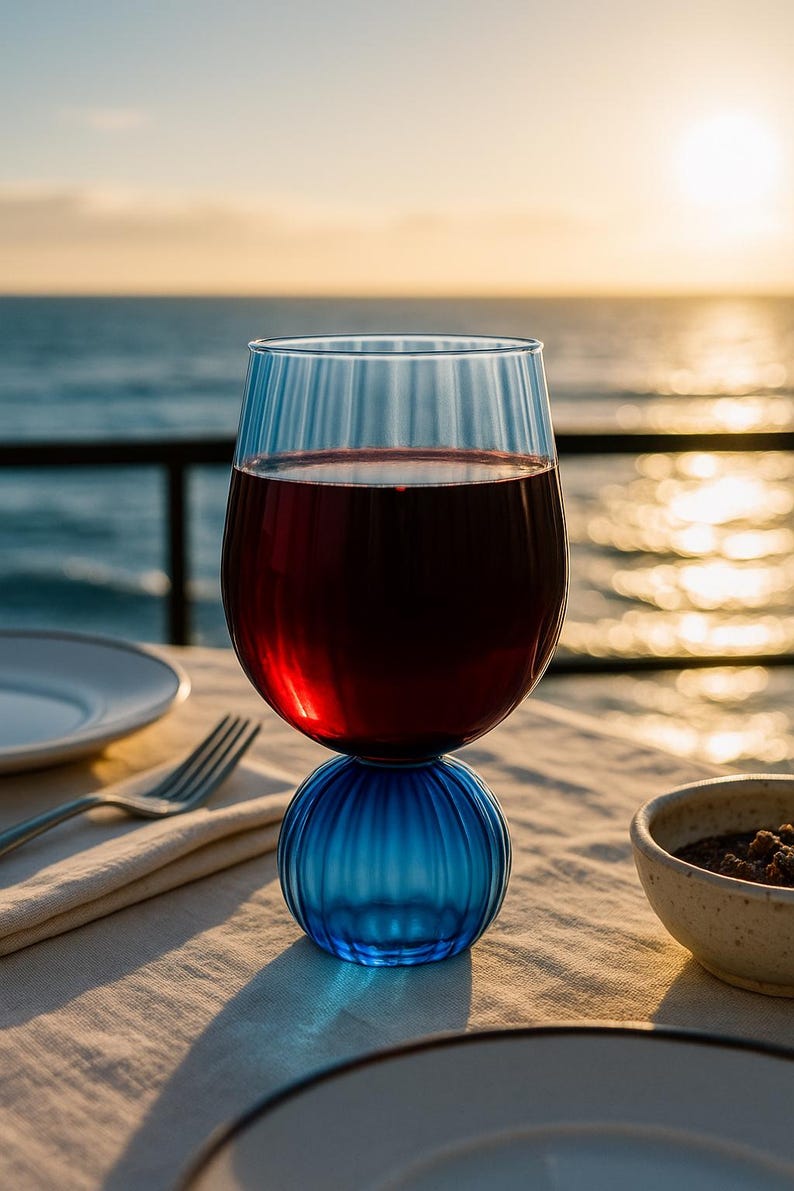 May include: A wine glass filled with red wine, resting on a blue spherical base. The glass is on a table set for dining, with a fork, plate, and small bowl visible. The background features a sunset over the ocean.