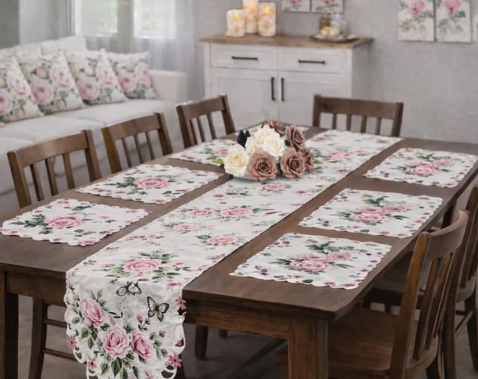 Luxury Rose Garden Gift Set with LED Candles, Placemats, Runner, Pillow Covers, Kitchen Towels