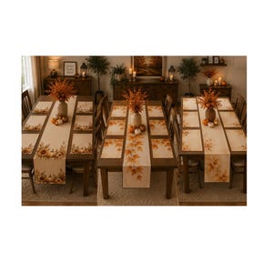 May include: Three rectangular wooden dining tables set with cream-colored table runners and matching placemats. The linens feature printed autumn motifs including orange maple leaves, sunflowers, and pumpkins, with centerpieces of dried foliage.