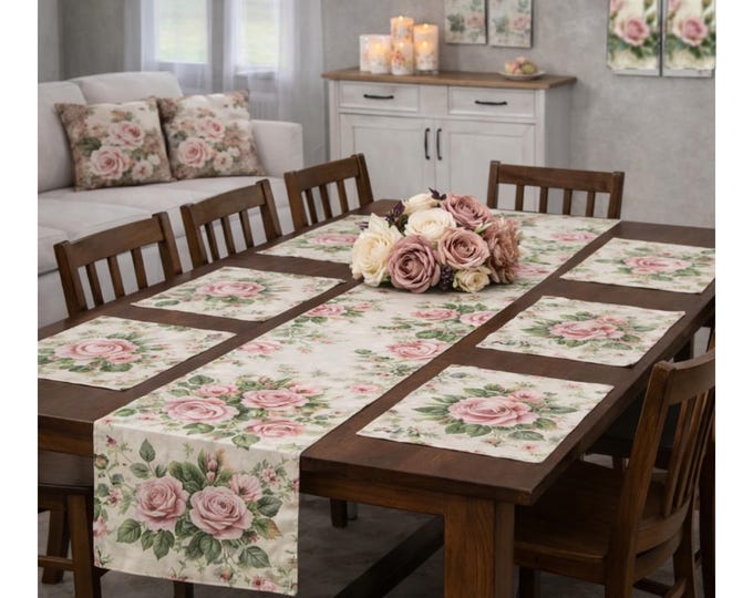 Spring Rose Garden Gift Set with LED Candles, Placemats, Runner, Pillow Covers, Kitchen Towels