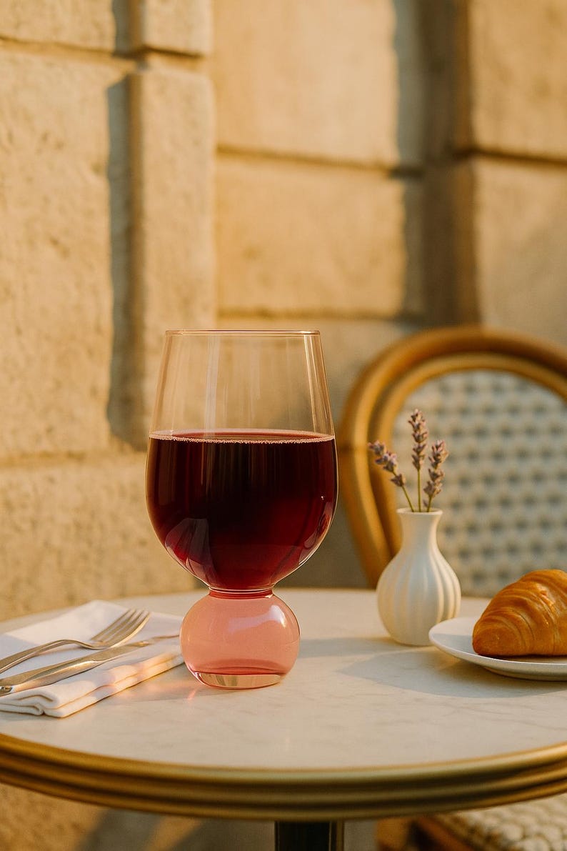 May include: A wine glass with a pink base and a clear bowl, filled with red wine. The glass sits on a white marble table with a gold rim, next to a small white vase with lavender and a plate with a croissant. A folded white napkin and silverware are also on the table.