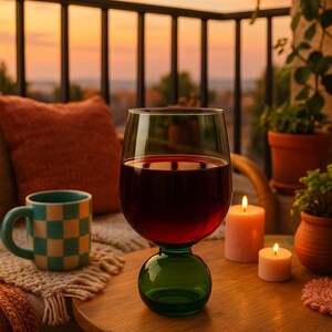May include: A large wine glass filled with red wine, featuring a green base, sits on a wooden table. Beside it are lit candles and a checkered mug. The background shows a balcony with plants and an orange sunset.