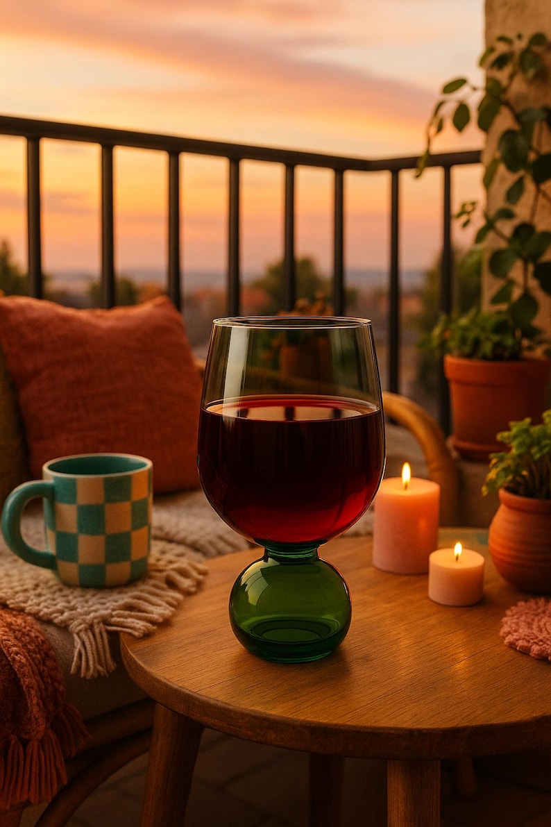 May include: A large wine glass filled with red wine, featuring a green base, sits on a wooden table. Beside it are lit candles and a checkered mug. The background shows a balcony with plants and an orange sunset.