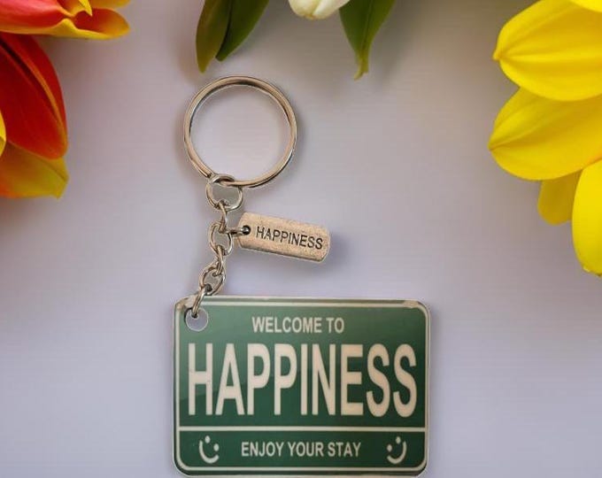 Welcome to Happiness Keychain: Green Street Sign Gift
