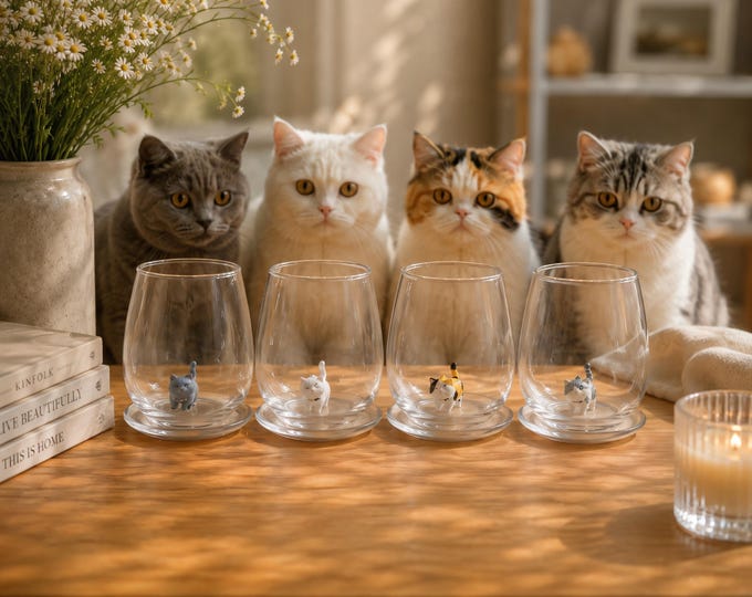 Stemless Wine Glass with Hand-Formed Cat Figurine: Funny Wine Gift