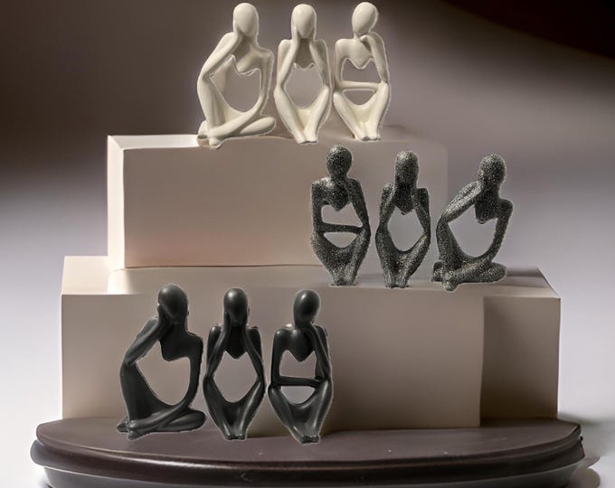 Abstract Concrete Sculpture Set: Minimalist Home Decor, Black White Obsidian