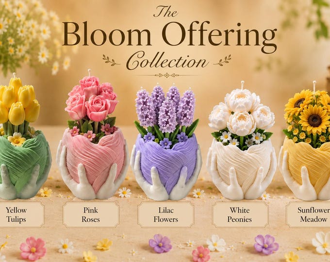 Bloom Offering Collection, Handmade Floral Candle in Sculptured Hands, Tulips, Roses, Peonies,Sunflowers, Unique Gift for Her