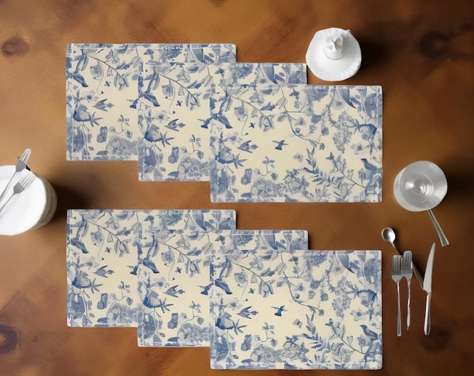 Linen Toile Placemats (Set of 6): Blue Floral French Country Dining