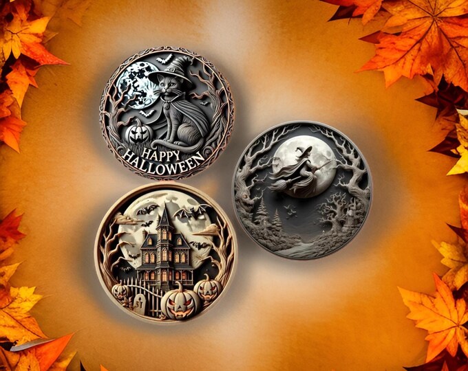 3D Halloween Ceramic Coasters: Spooky Black Cat, Witches & Haunted House, Set of 6