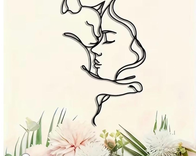 Minimalist Cat Lover Decor, Continuous Line Metal Wall Art, Modern Cat and Woman Face Sculpture