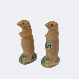 May include: A pair of ceramic meerkat salt and pepper shakers. The shakers are tan with a green base and are standing upright with their paws clasped. One shaker has a small label that reads "Made".