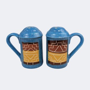 Vintage Mexican Pottery Mug Shape Salt Pepper Shakers Blue Speckle Southwestern