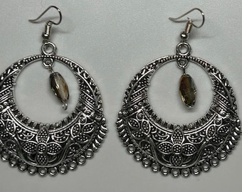 Ornate fauxe marcasite earrings with floral design, smoky crystal drop accent nickel and lead free OOAK earrings N