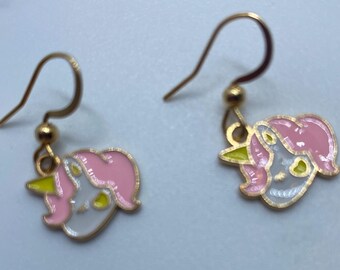 Unicorn Earrings: Enamel Gold Tone, Nickel Free, Child Size Y