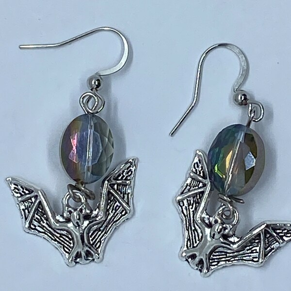 OOAK flying BAT earrings, silver bat, goth gothic bat earrings, vamp vampire earring.  Bay with faceted silvery bead.