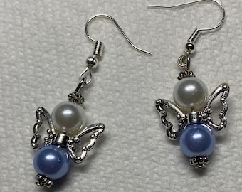 White Blue Pearly Guardian Angel Earrings, Silver Tone, Nickel Free Surgical Steel  z