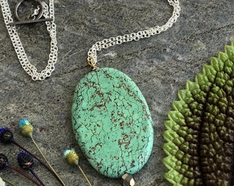 Large Turquoise Smooth Pendant Necklace, Sterling Silver Turquoise Necklace, Oval Turquoise Pendant, Boho Luxe Jewelry