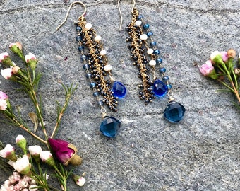 Sapphire + Pearl+ Topaz Earrings/Quality Sapphire, London Blue Topaz, Freshwater Pearl, Hematite, Glass Beads, 14 K Gold Filled Ear Wire