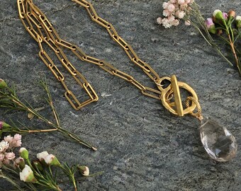 Smoky Quartz Toggle Clasp Paperclip Chain Necklace