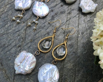 Baroque Pearl Earrings, Pearl and Topaz Earrings,  Organic Pearl Earrings, White Coin Pearl Earrings, Large White Pearl Earrings