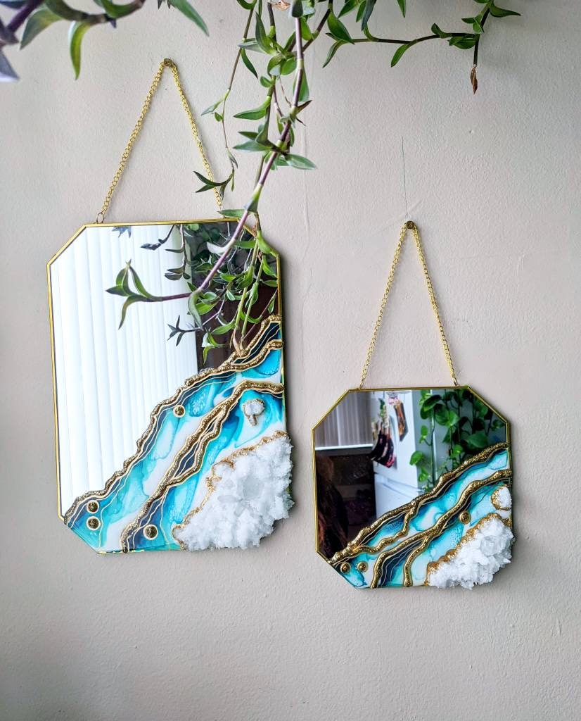 Blue, Teal resin geode Mirrors, set of two. Resin Gem shaped mirrors, Octagon mirrors