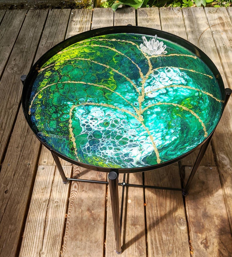 16 Diameter Green Metal Side Table Paint Pour Original Etsy
