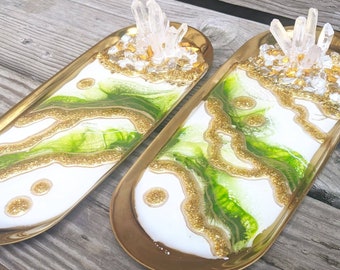 8.5&quot; Gold and Green Oval Crystal Cluster Ring And Trinket Dish, Resin Geode Tray, Resin Ring Tray