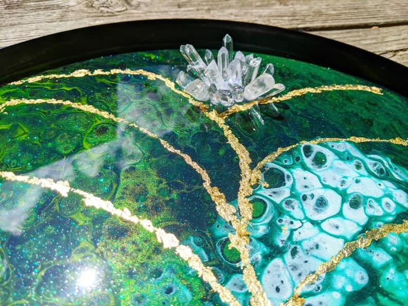 16 Diameter Green Metal Side Table Paint Pour Original Etsy