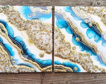 Silver and Blue Resin Geode Diptych, Crystal Resin Geode, Silver geode wall art 10&quot;x20&quot;