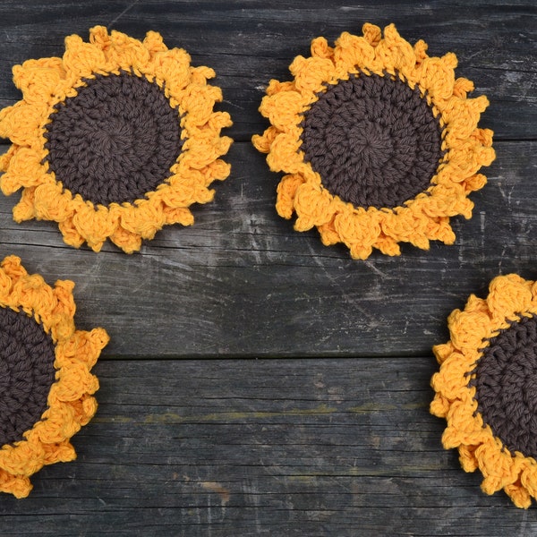 Crocheted Sunflower Coasters, Set of 4-Handmade gift, sunflowers, coasters, fall decor, for the home