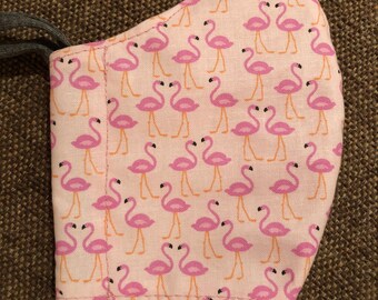 Adult or Kids Pink Flamingo Cotton Face Mask with Wire Nosepiece and Tie plus Optional Filter Pocket
