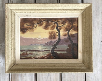 Paisaje costero pintura al óleo enmarcada de mediados de siglo