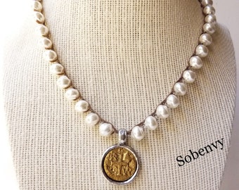 White Pearl Crochet Necklace, Doubloon Ancient Coin, Boho Necklace, Pearl Necklace Charm, crochet necklace, elegant pearls