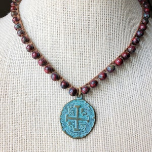 Crochet Necklace Red beads, Patina Spanish Coin Pendant