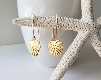 Monstera Blatt Ohrringe Gold Messing Boho Brautjungfern oder Hochzeitsgeschenke