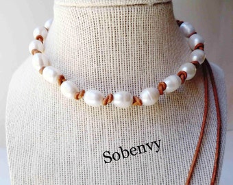 Pearl Necklace, Knotted Pearl Necklace, Leather Pearl Necklace, Fresh Water Pearl Leather Necklace, Choker, Boho, Adjustable, Beachy
