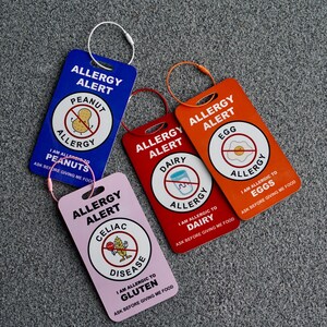 May include: Four colorful allergy alert tags with white text and graphics. The tags are blue, red, orange, and pink. Each tag has a different allergy warning: peanuts, dairy, eggs, and gluten. Each tag has a loop for attaching.