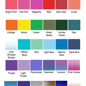 May include: A colour chart displaying a range of options, such as white, tan, brown, grey, black, and light pink. Other colours include bright pink, hot pink, magenta, red, dark red, and coral. The text "Color Options" is at the top.