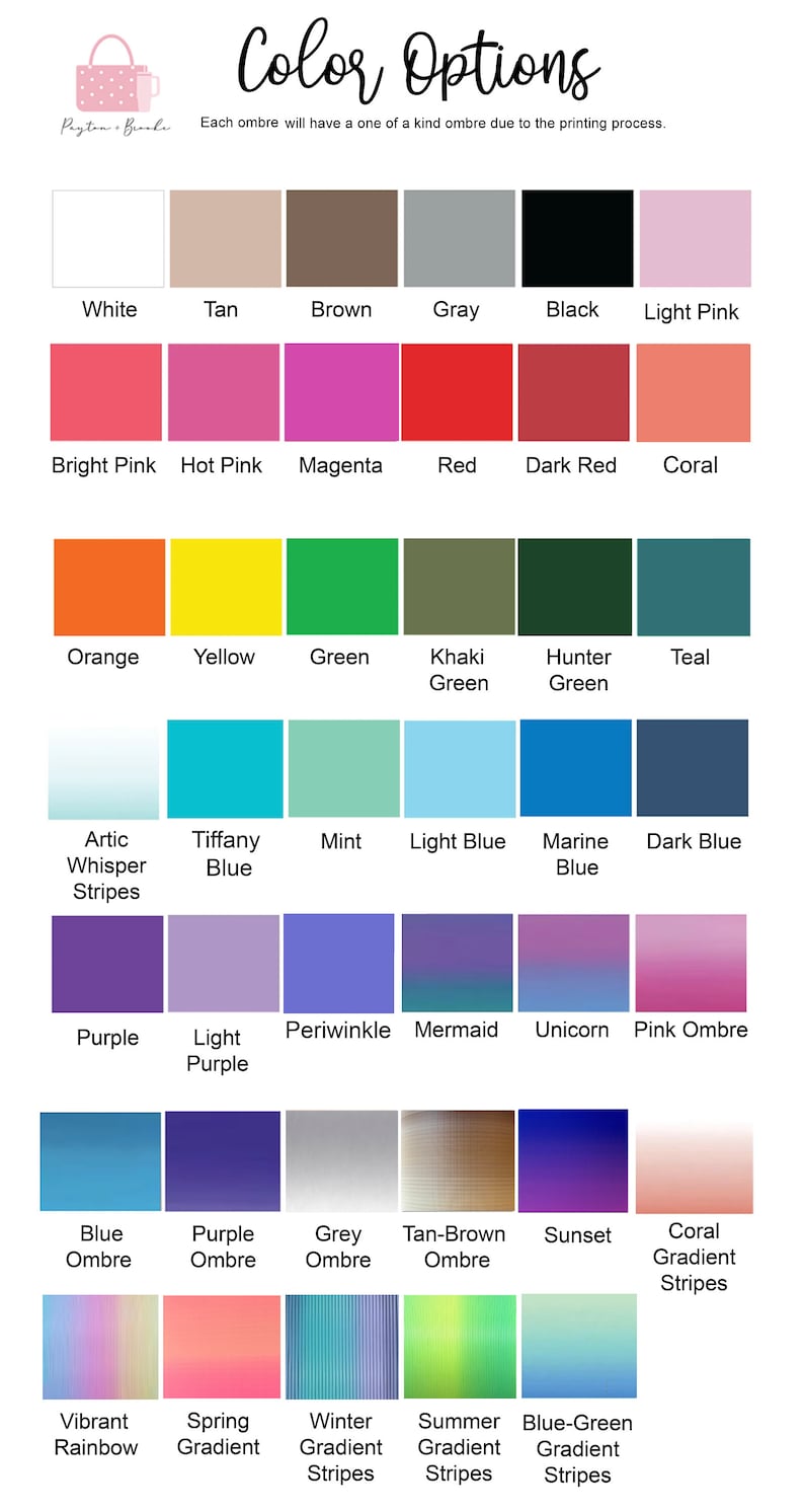 May include: A colour chart displaying a range of options, such as white, tan, brown, grey, black, and light pink. Other colours include bright pink, hot pink, magenta, red, dark red, and coral. The text "Color Options" is at the top.