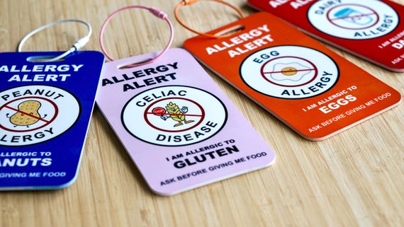 Allergy Bag Tags - Peanut Dairy Egg Gluten Alert Information Tags for Kids & Adults