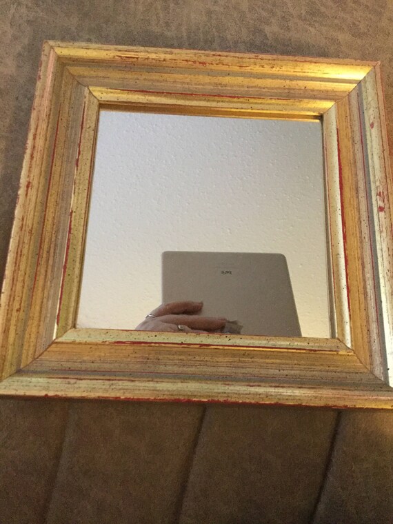 Square Mirror With Distressed Vintage Goldtone Frame Square Mirror With Distressed Vintage