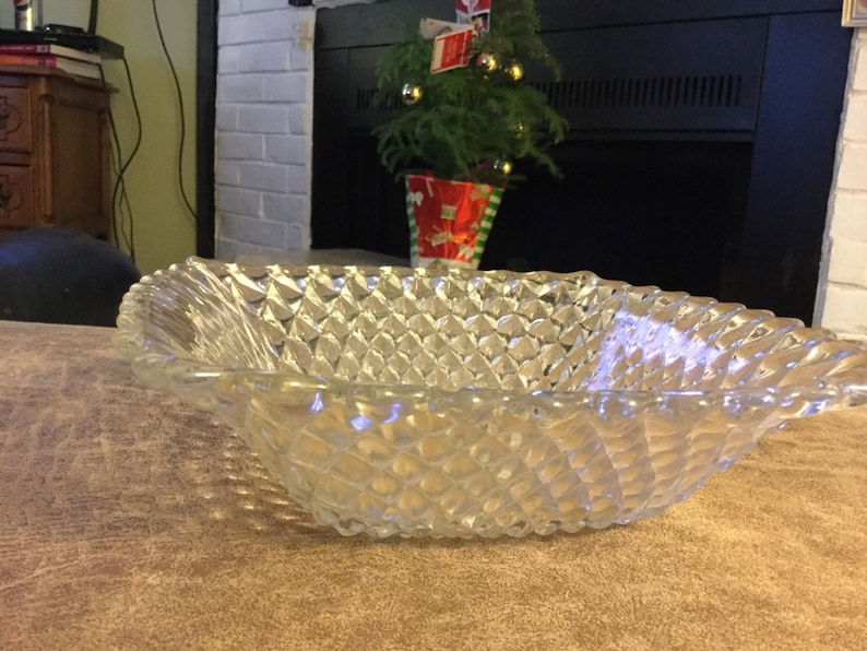 Vintage Indiana Clear Crystal Glass Square Bowl with Diamond Pattern 1940/'s