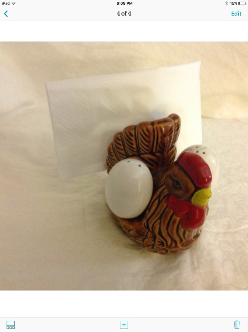 Vintage brown hen napkin holder with salt and pepper eggs