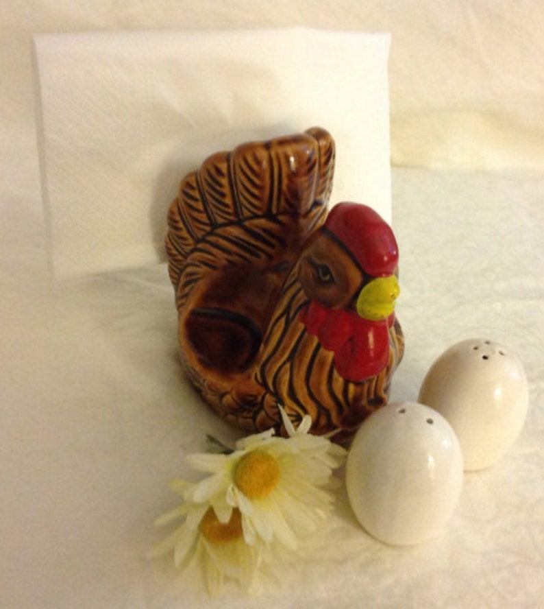 Vintage brown hen napkin holder with salt and pepper eggs