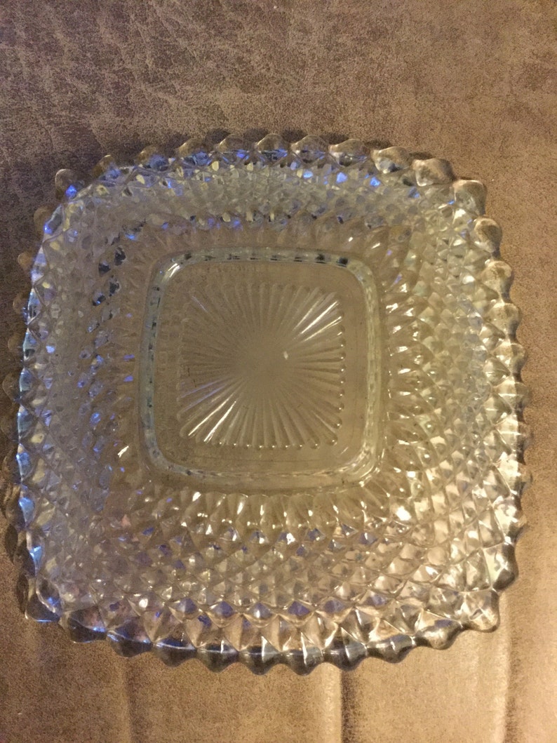 Vintage Indiana Clear Crystal Glass Square Bowl with Diamond Pattern 1940/'s