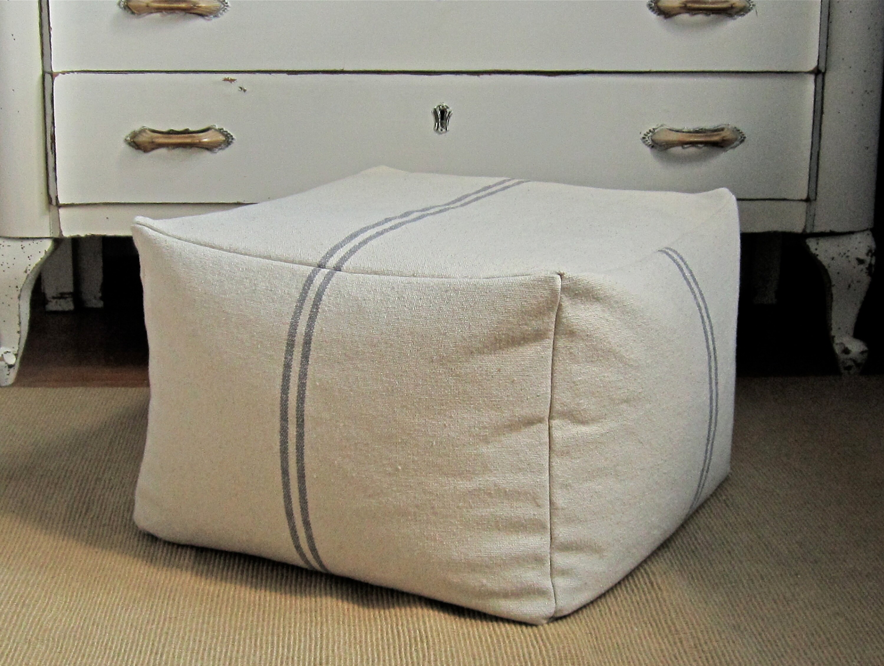 Square pouf cover 20x20x15 grey stripe grain sack pouf Etsy